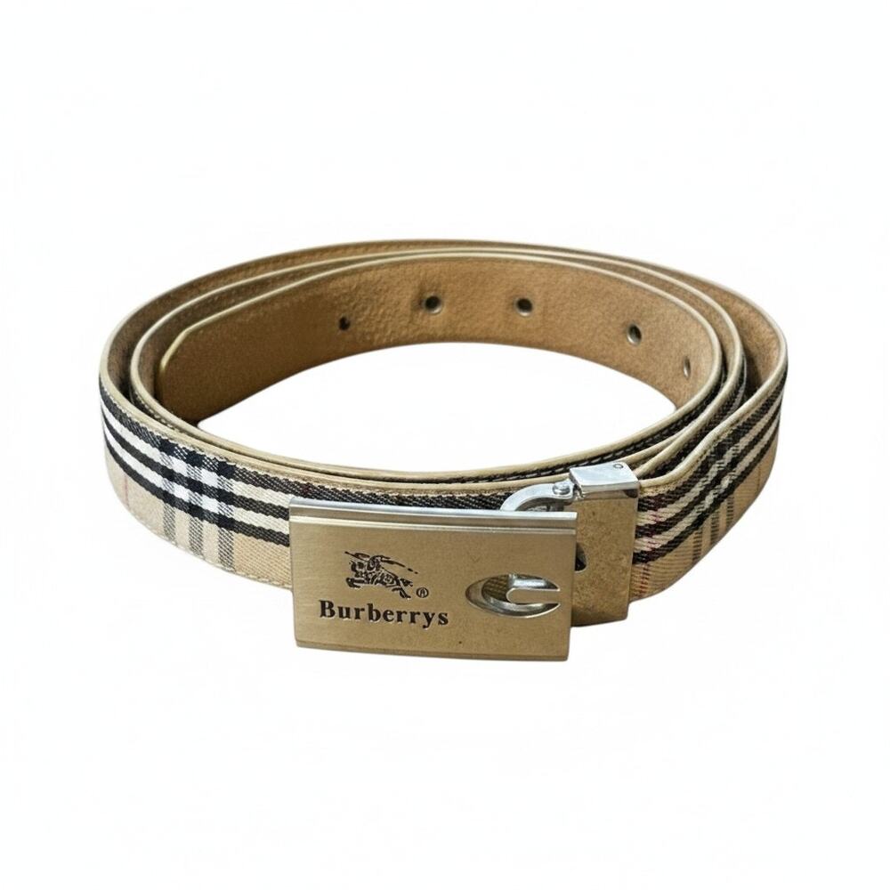 Burberrys Belt Mens XL Nova Check Canvas Leather Waist Silver Embroidered Buckle